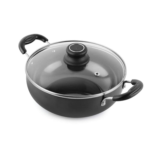 Black|Classy Hard Anodised Kadhai Induction Base with Glass Lid, 3.5 Litres / 3.5 Litres