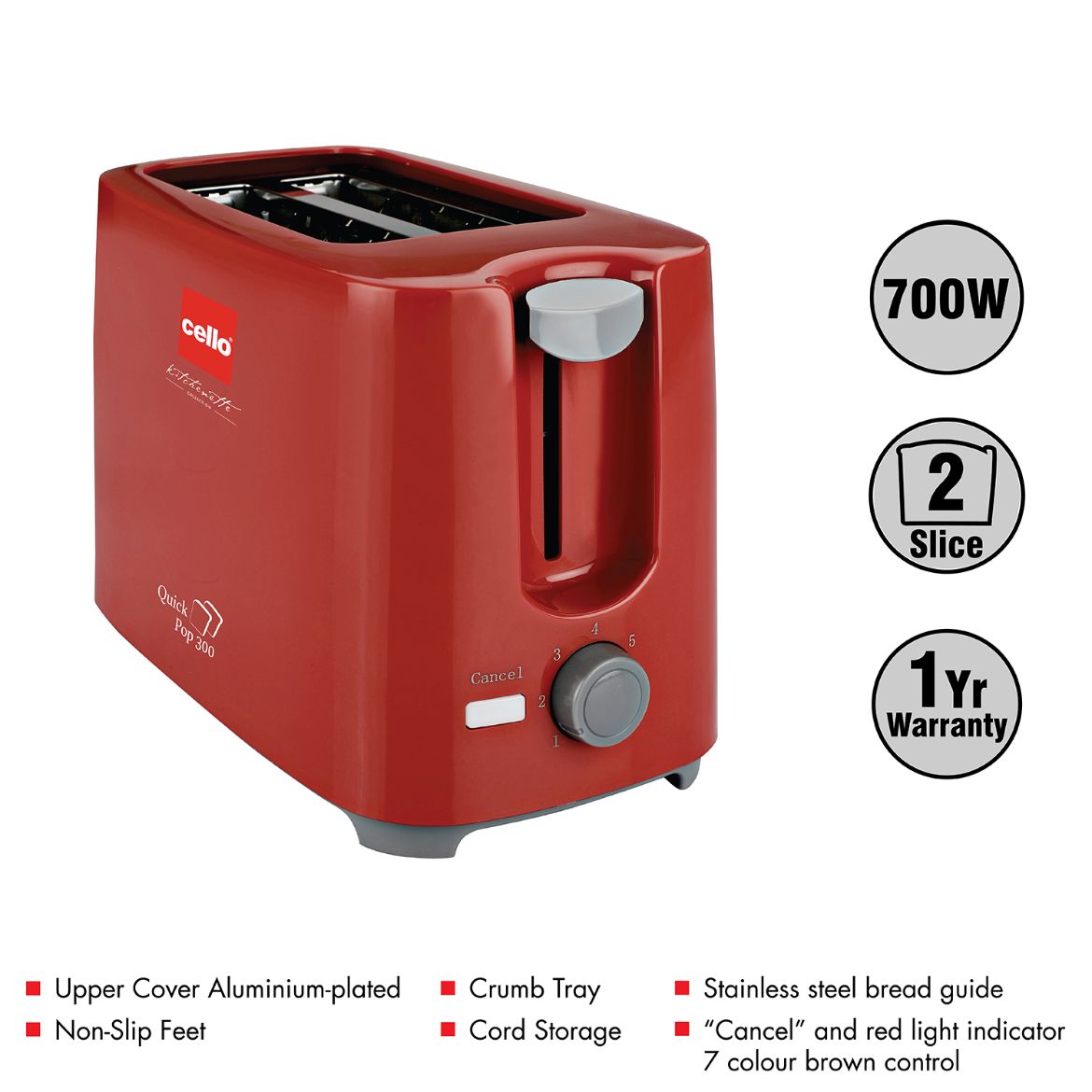 Quick Pop Up 300, 2 Slice Toaster, 700W Red / 700 Watts