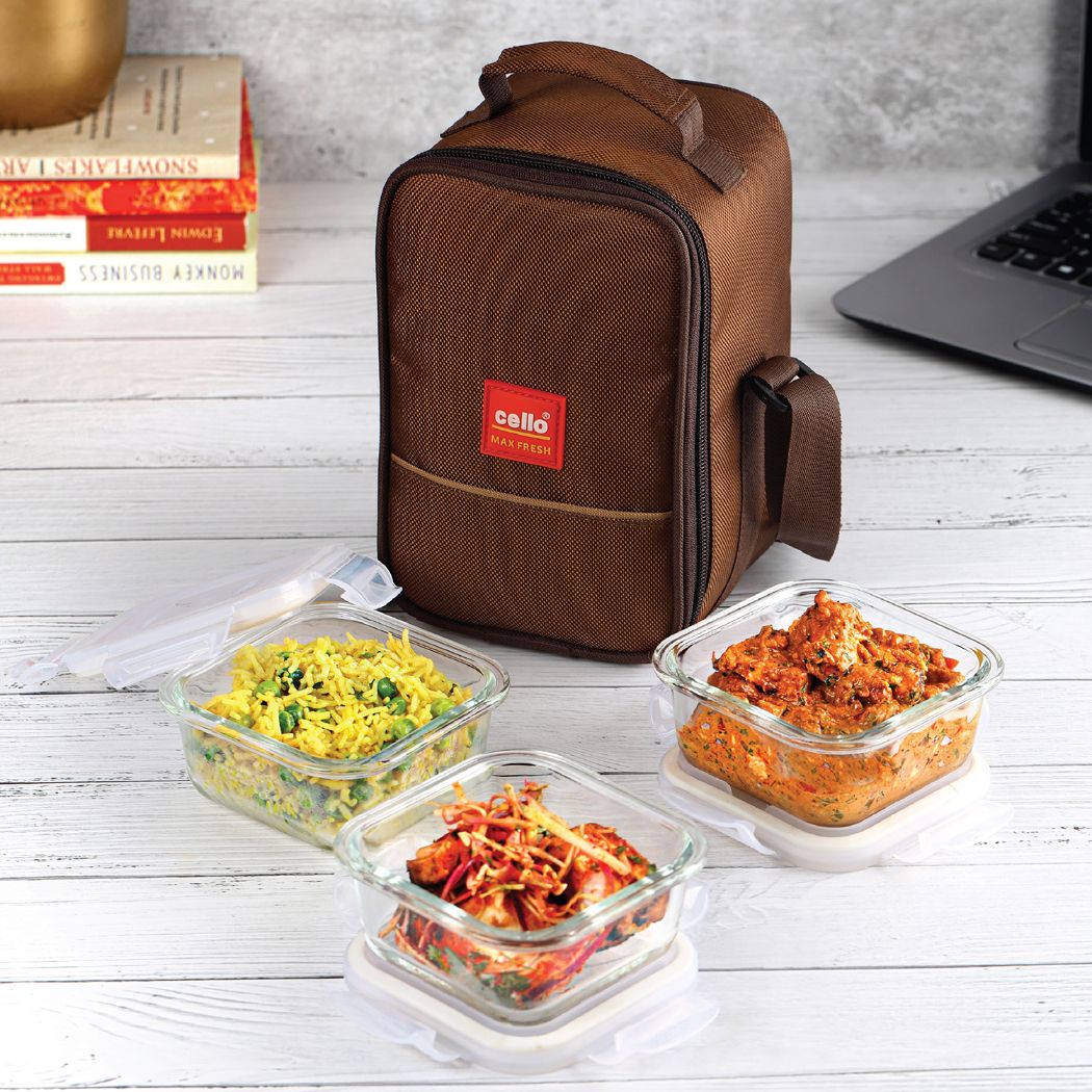 Seal-O-Fresh Borosilicate Glass Lunch Box with Jacket, Square, Set of 3 Brown / 3 Piece
