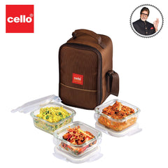 Seal-O-Fresh Borosilicate Glass Lunch Box with Jacket, Square, Set of 3 Brown / 3 Piece