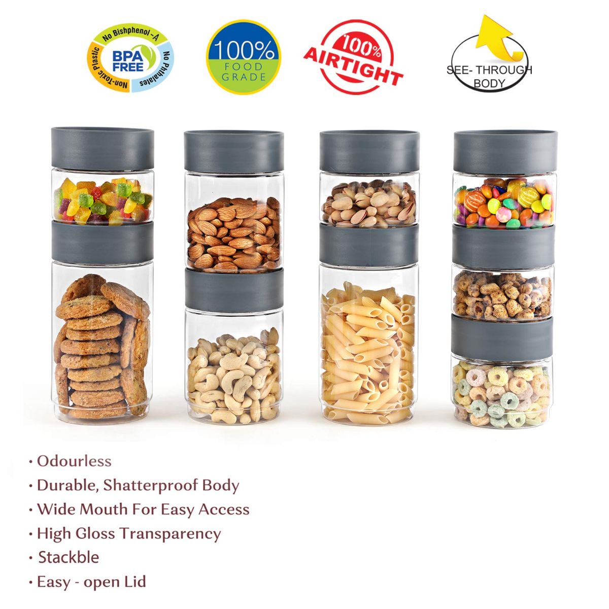 Modustack PET Container, Set of 9, Assorted Size Grey / 500ml x 5 + 750ml x 2 + 1000ml x 2