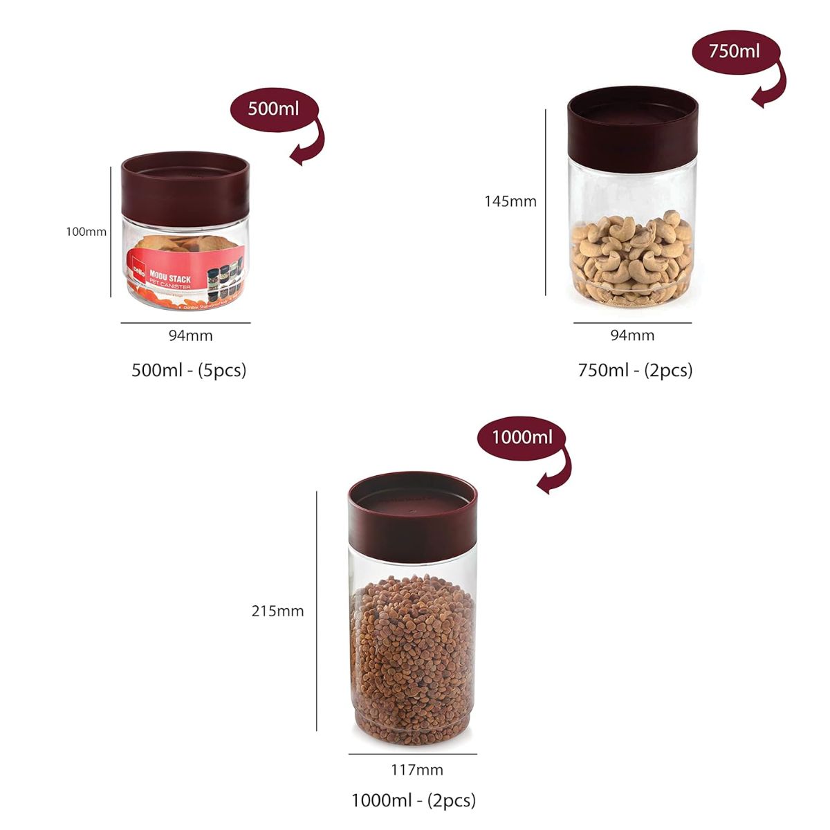 Modustack PET Container, Set of 9, Assorted Size Maroon / 500ml x 5 + 750ml x 2 + 1000ml x 2