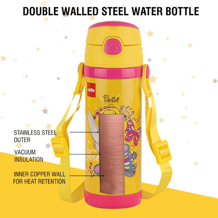 Champ 600 Hot & Cold Stainless Steel Kids Water Bottle, 600ml Yellow / 600ml / Tinker Bell