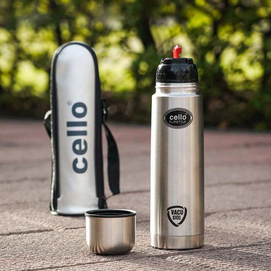 Silver|Flipstyle Flask, Vacusteel Water Bottle with Thermal Jacket, 350ml / 350ml