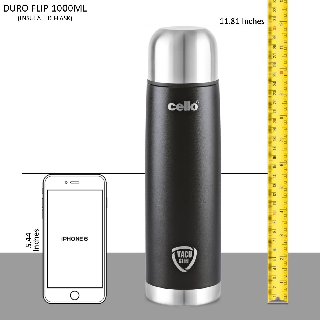 Duro Flip Flask, Vacusteel Water Bottle with Thermal Jacket, 1000ml Black / 1000ml
