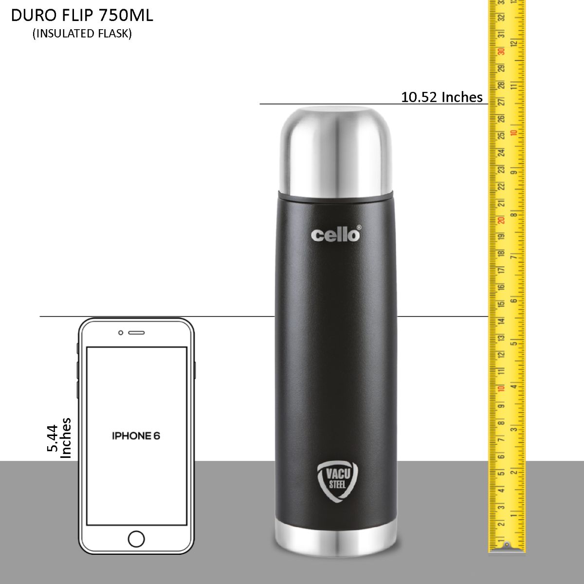 Duro Flip Flask, Vacusteel Water Bottle with Thermal Jacket, 750ml Black / 750ml