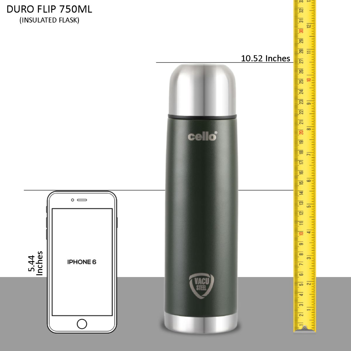 Duro Flip Flask, Vacusteel Water Bottle with Thermal Jacket, 750ml Green / 750ml