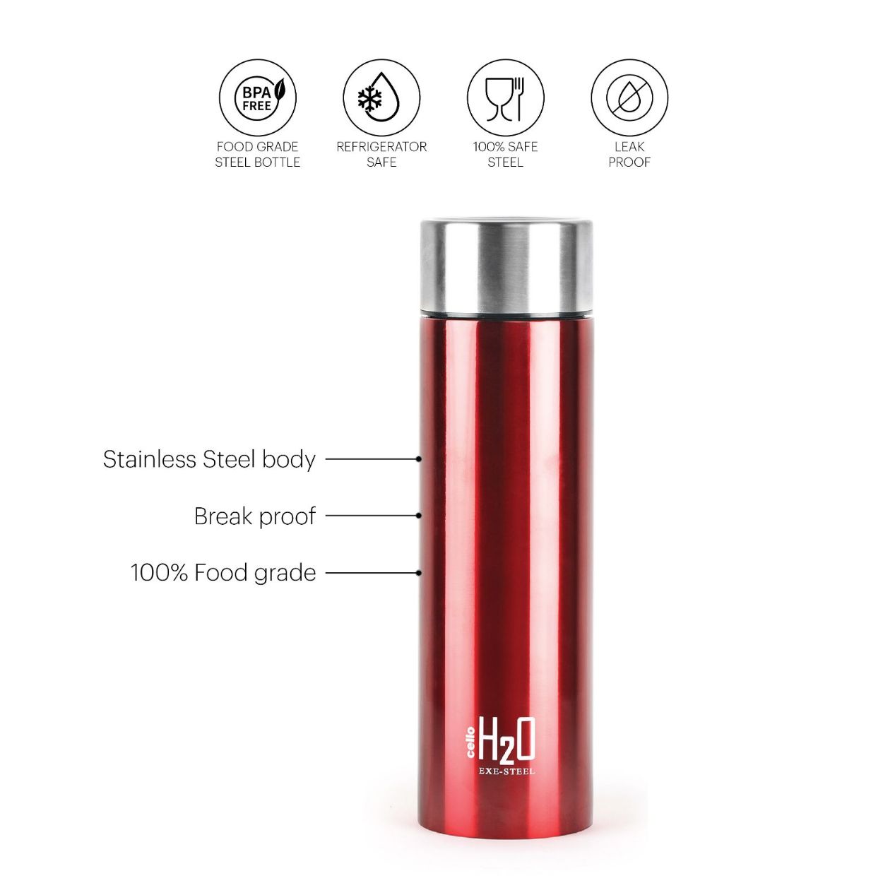 H2O Stainless Steel Water Bottle, 1000ml Red / 1000ml / 1 Piece