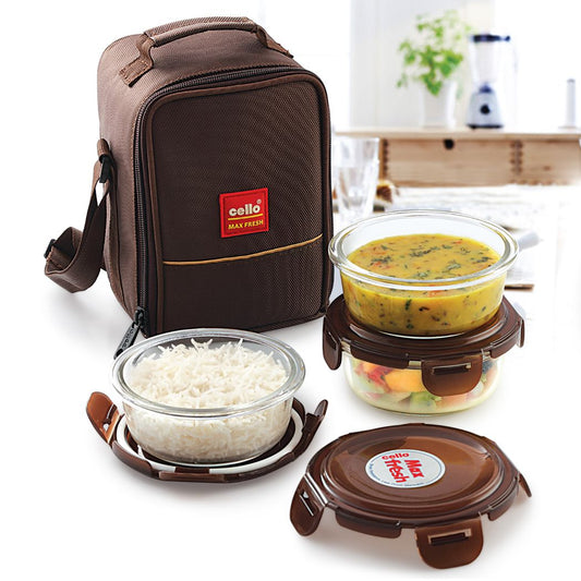 Brown|Seal-O-Fresh Borosilicate Glass Lunch Box with Jacket, Round, Set of 3 / 3 Piece
