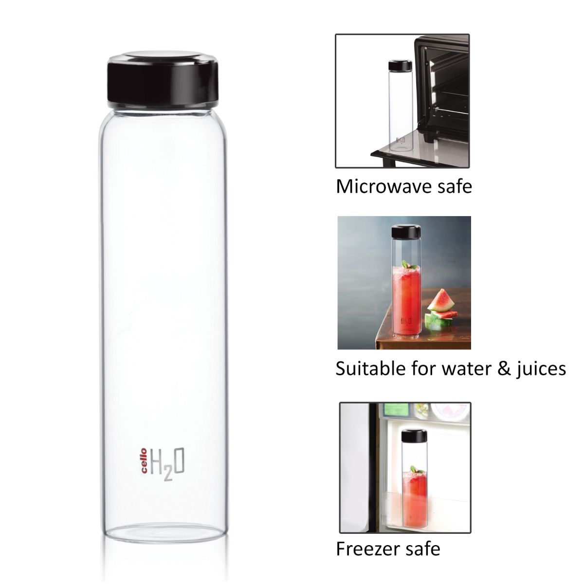 H2O Borosilicate Glass Water Bottle, 1000ml Black / 1000ml