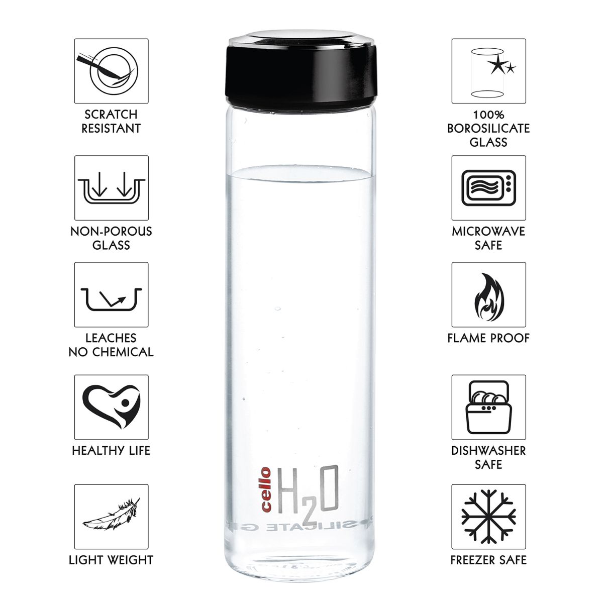 H2O Borosilicate Glass Water Bottle, 600ml Black / 600ml