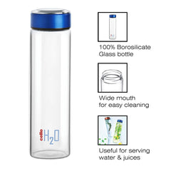 H2O Borosilicate Glass Water Bottle, 600ml Blue / 600ml