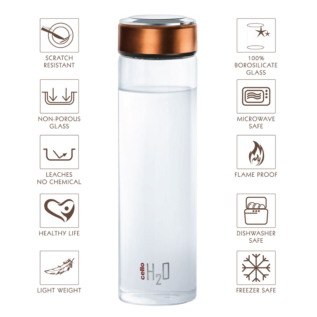 H2O Borosilicate Glass Water Bottle, 600ml Copper / 600ml