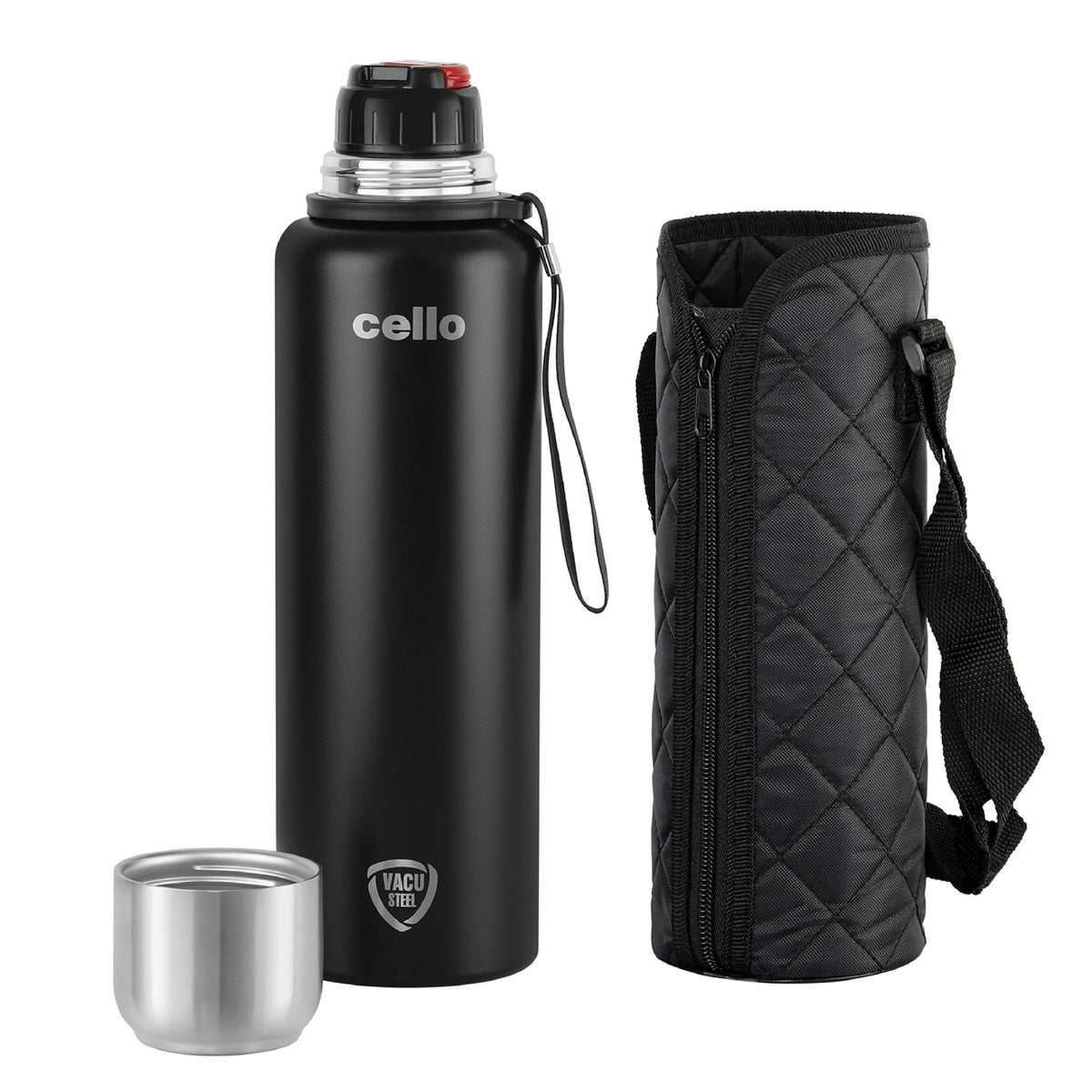 Black|Duro Flip Flask, Vacusteel Water Bottle with Thermal Jacket, 1500ml / 1500ml