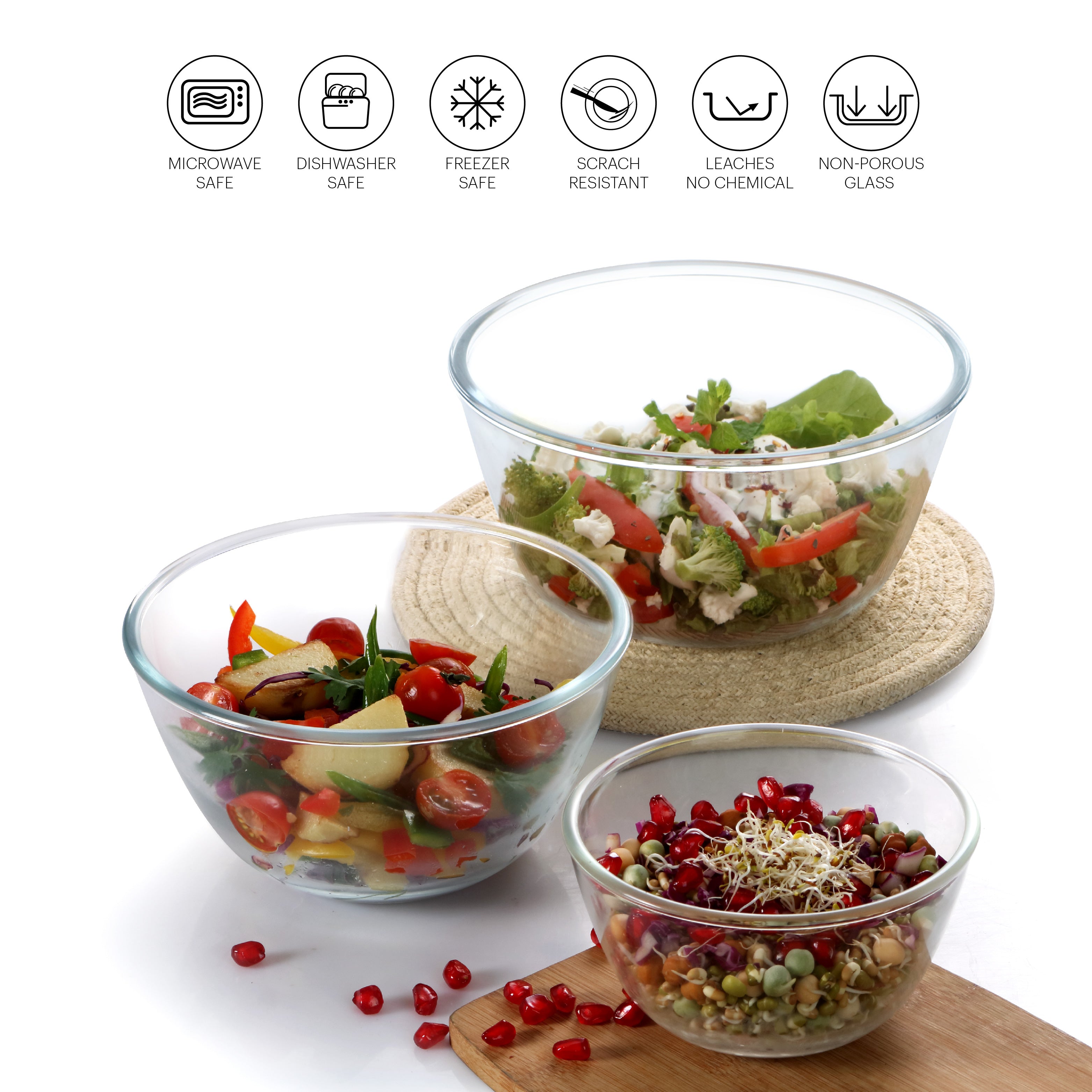 Ornella Glass Mixing Bowl Set, Set of 3 Clear / 500ml+1000ml+1500ml / With Premium Lid