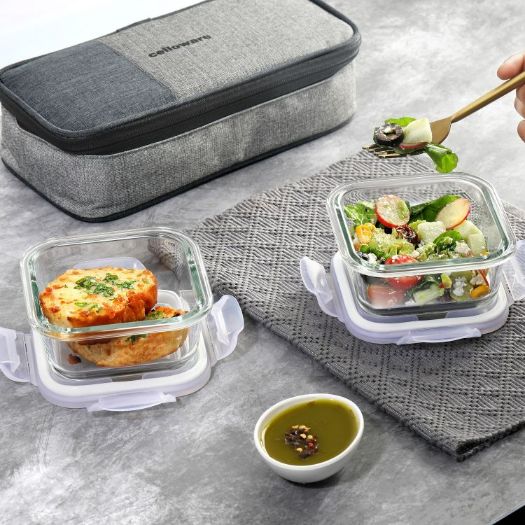 Clear|Delighta Borosilicate Glass Lunch Box with Jacket, Square / 2 Pieces