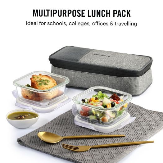 Delighta Borosilicate Glass Lunch Box with Jacket, Square Clear / 2 Pieces