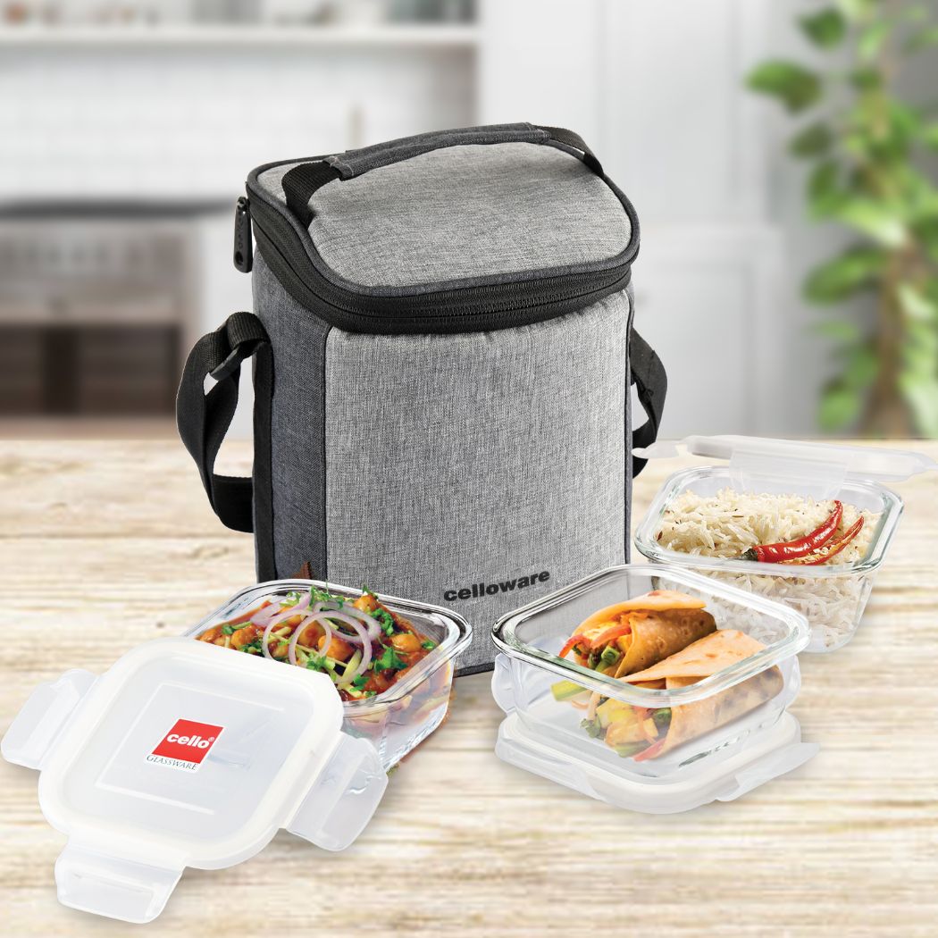 Clear|Delighta Borosilicate Glass Lunch Box with Jacket, Square / 3 Piece