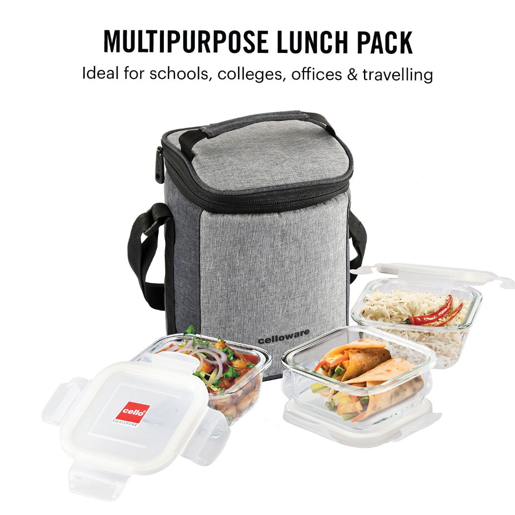 Delighta Borosilicate Glass Lunch Box with Jacket, Square Clear / 3 Piece