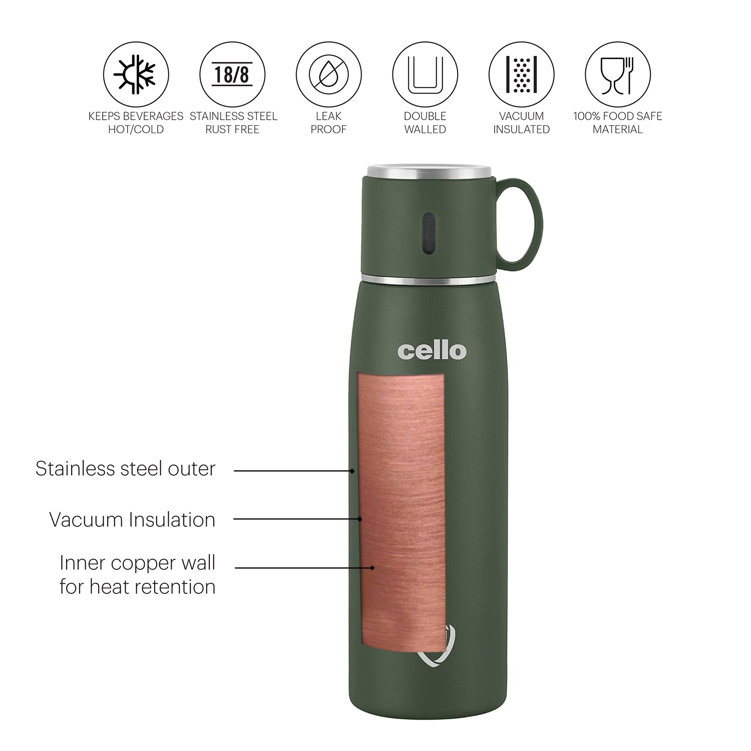 Duro Cup Style Flask, Vacusteel Water Bottle 500ml Green / 500ml