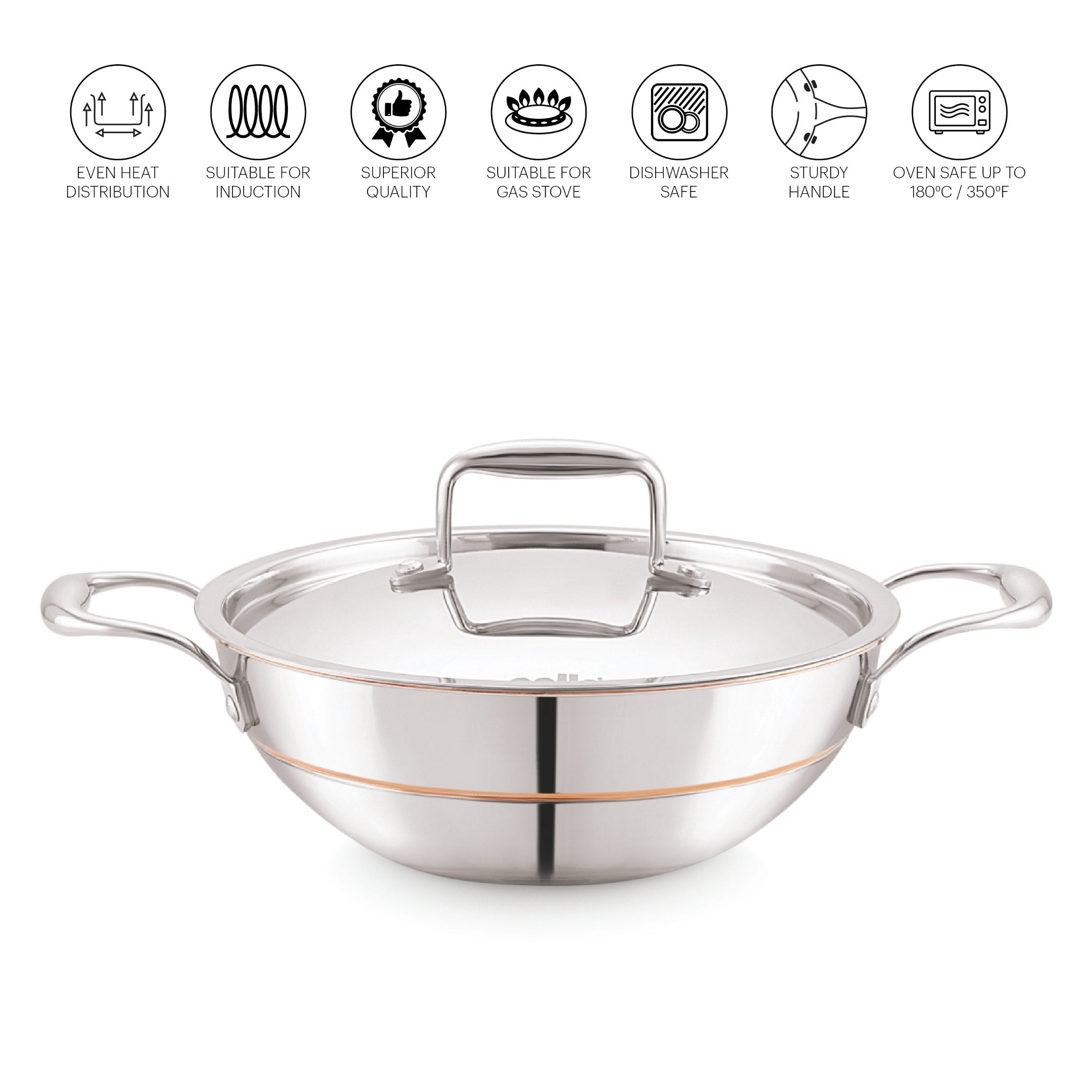5-Ply Stainless Steel Kadhai with Lid Silver / 2.6 Litres