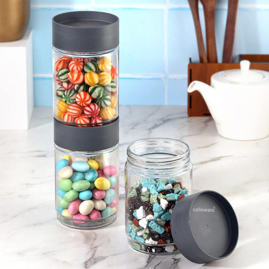 Grey|Modustack Glassy Storage Jar, Set of 3 / 750ml