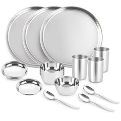 A durable 18-piece stainless steel dinner set for a family of 3
