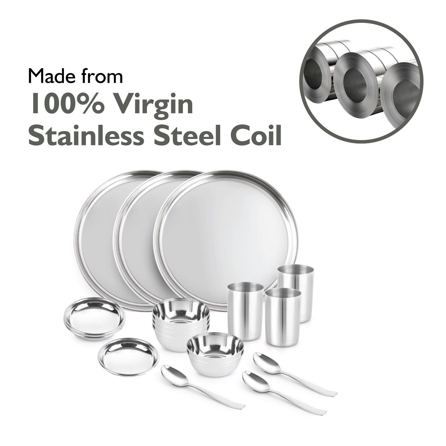 A durable 18-piece stainless steel dinner set for a family of 3