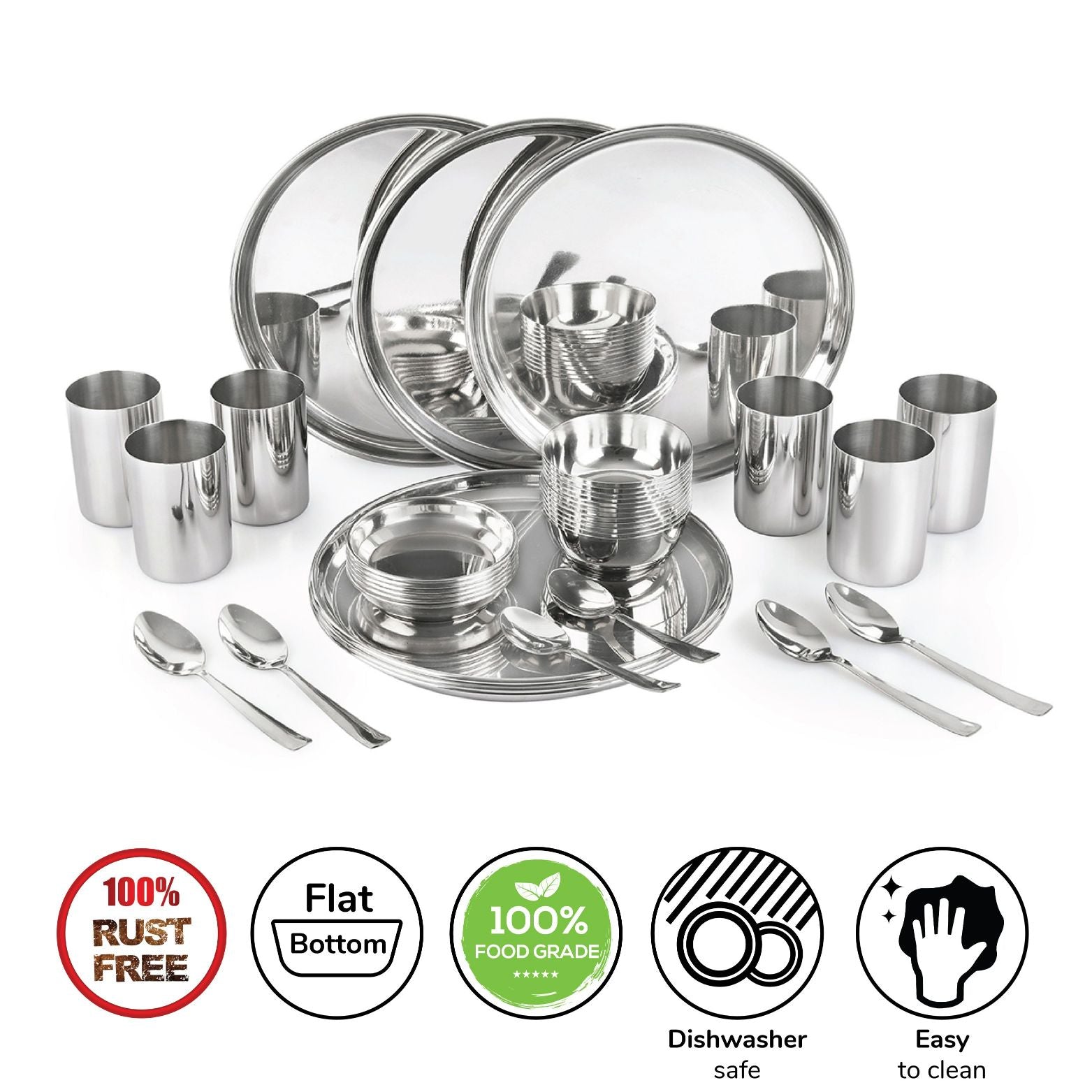 A durable 36-piece stainless steel dinner set for a family of 6