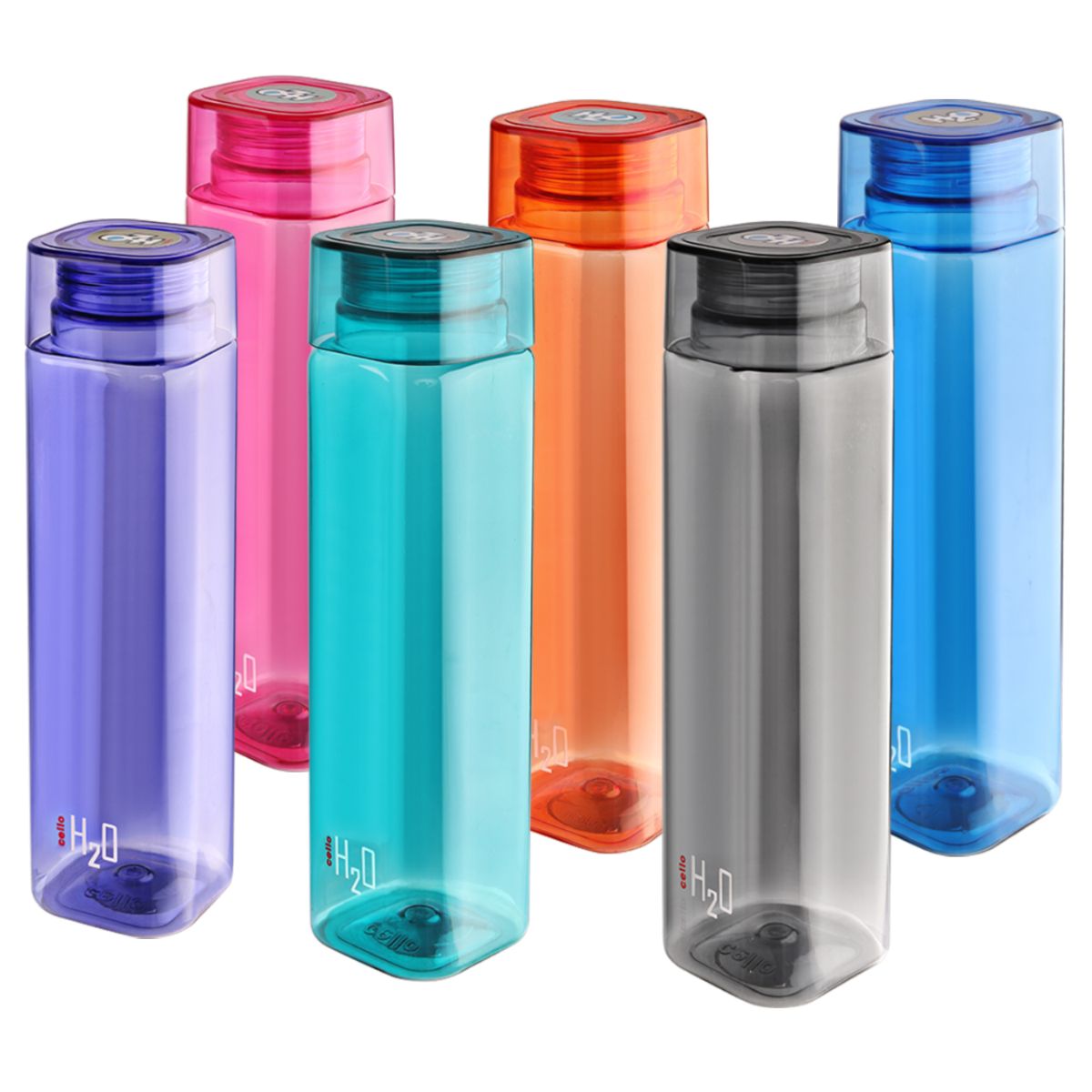 H2O Squaremate Plastic Water Bottle, 1000ml, Set of 6 Assorted / 1000ml / 6 Pieces