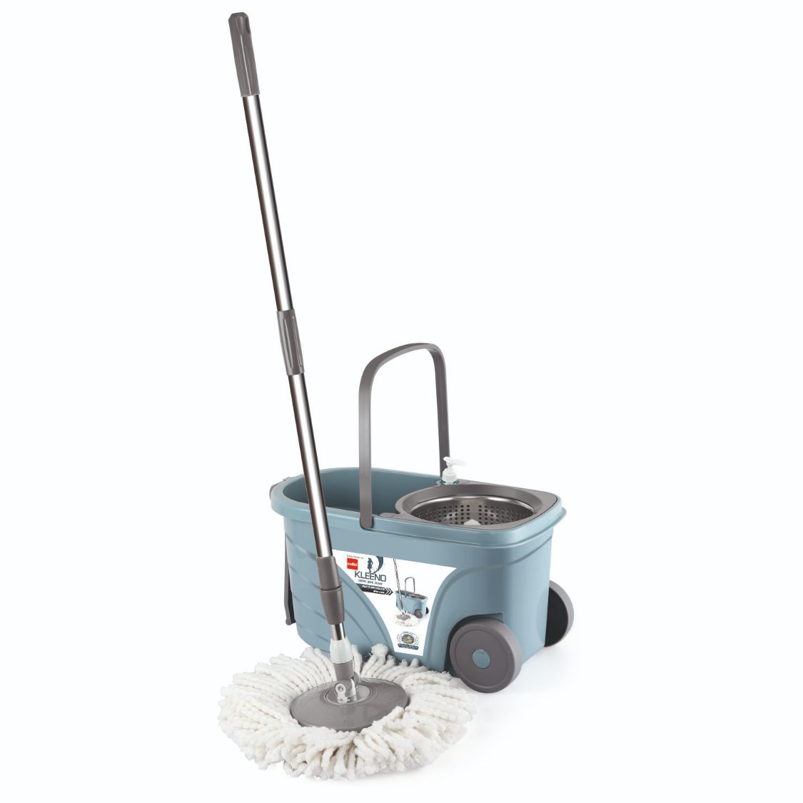 Kleeno Max Clean Deluxe Spin Mop Bucket with Soap Dispenser Grey