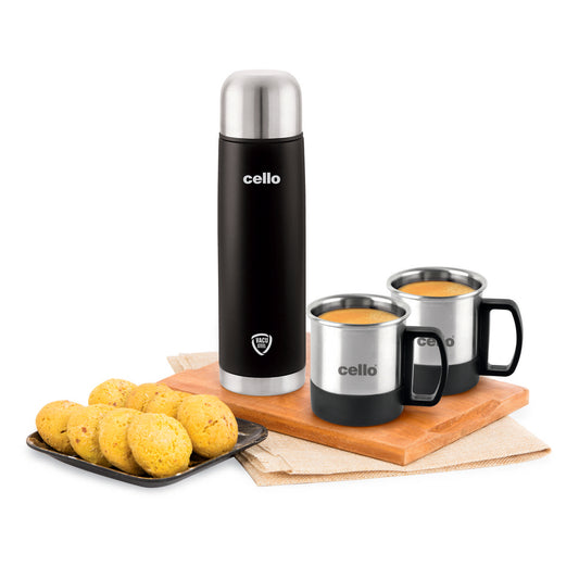 Black|Duro Classic Vacusteel Flask with Mugs Gift Set, 3 Pieces / 3 Pieces