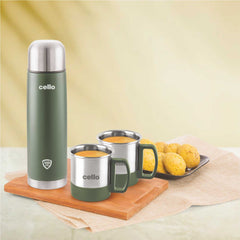 Duro Classic Vacusteel Flask with Mugs Gift Set, 3 Pieces Green / 3 Pieces