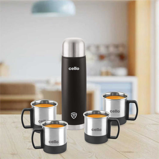 Black|Duro Imperial Vacusteel Flask with Mugs Gift Set, 5 Pieces / 5 Pieces