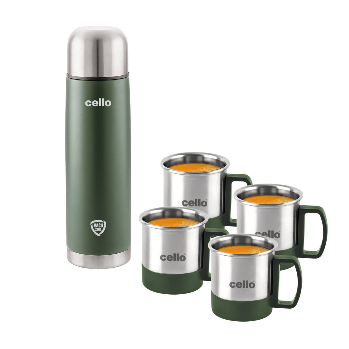 Green|Duro Imperial Vacusteel Flask with Mugs Gift Set, 5 Pieces / 5 Pieces