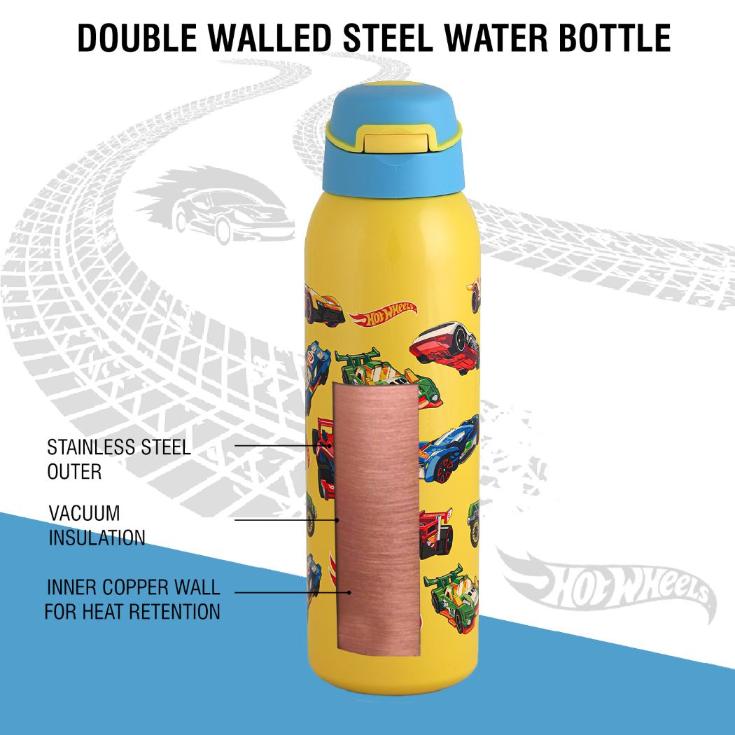 Gym-Star Toons Hot & Cold Stainless Steel Kids Water Bottle, 650ml Yellow / 650ml / Hot Wheels