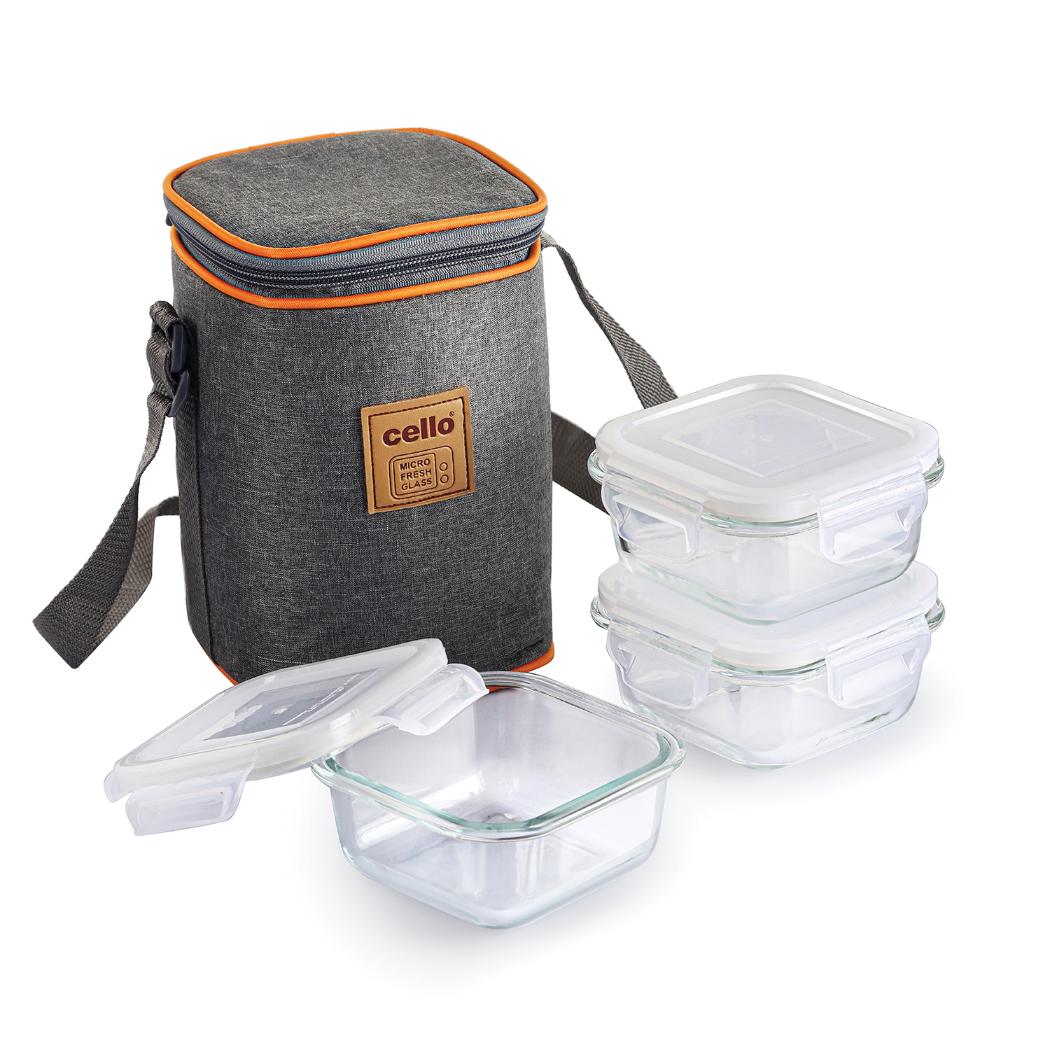 Royale Square Borosilicate Glass Lunch Box with Jacket, Set of 3 Clear / 3 Piece