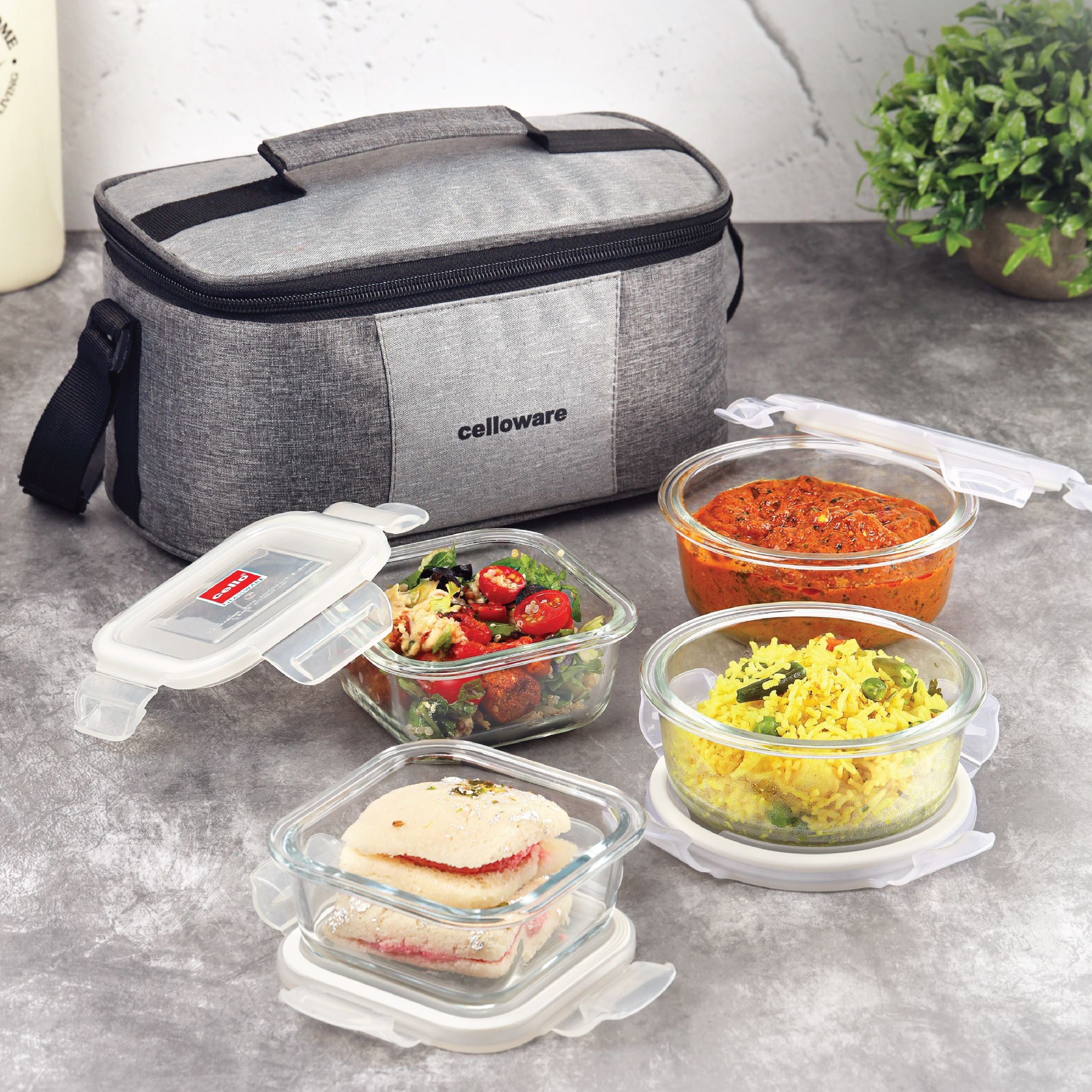 Delighta Borosilicate Glass Lunch Box with Jacket, Set of 4 Clear / 4 Piece / Structured Jacket