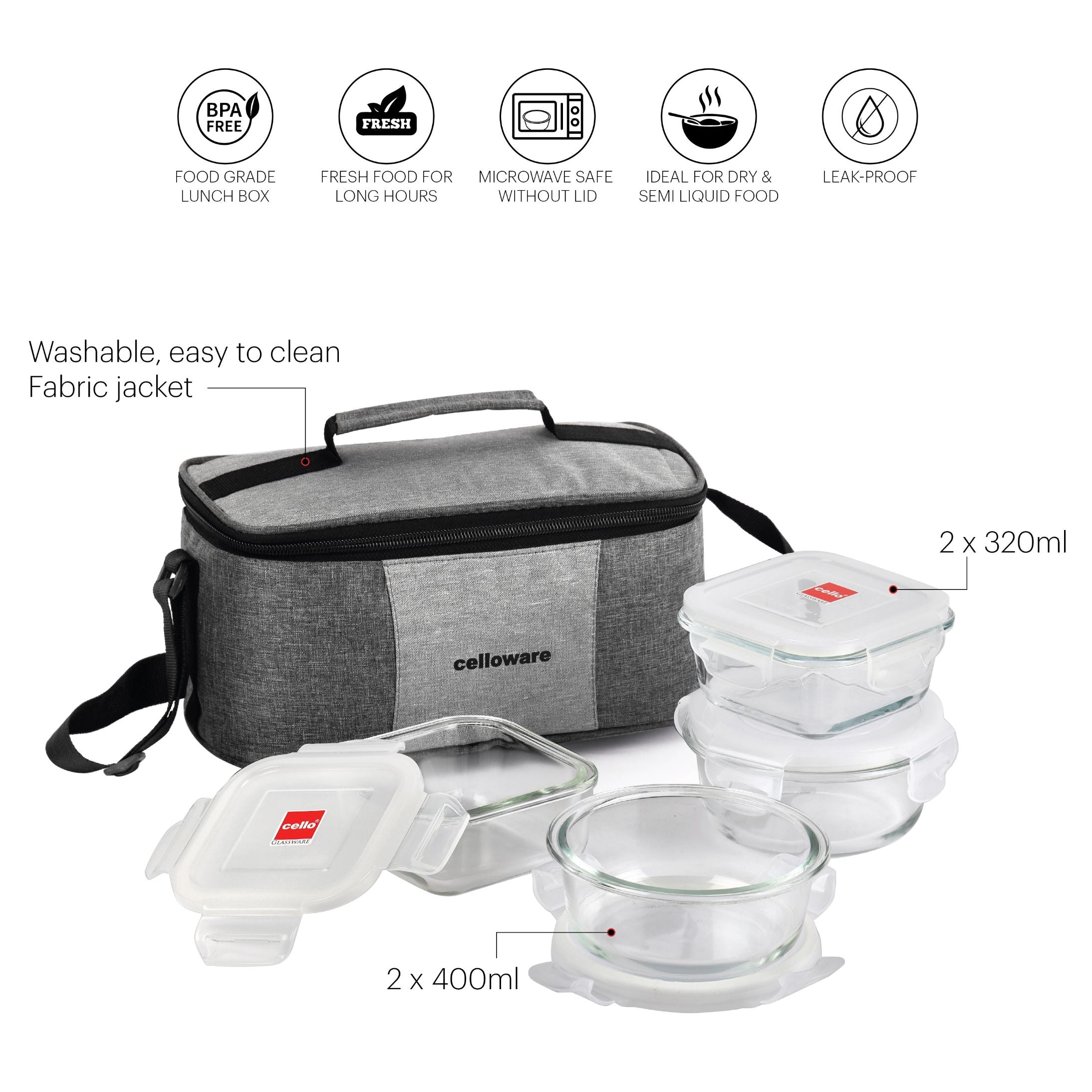 Delighta Borosilicate Glass Lunch Box with Jacket, Set of 4 Clear / 4 Piece / Structured Jacket