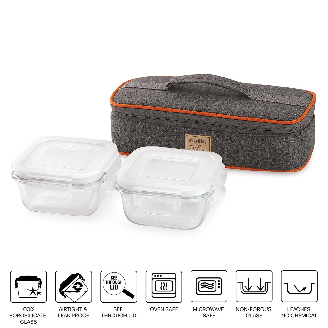 Royale Square Borosilicate Glass Lunch Box with Jacket, Set of 2 Clear / 2 Piece / Horizontal Jacket