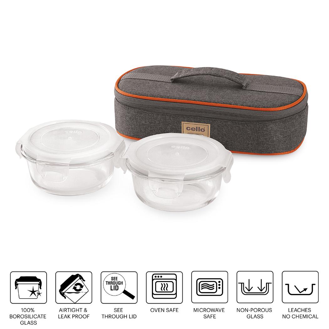Royale Round Borosilicate Glass Lunch Box with Jacket, Set of 2 Clear / 2 Piece / Horizontal Jacket