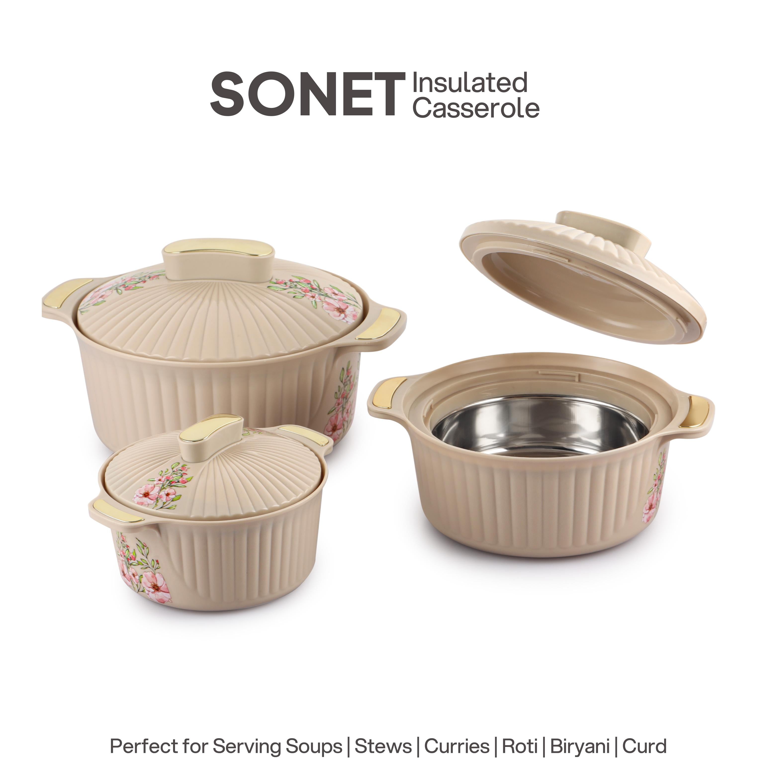 Sonet Insulated Casserole, Set of 3 Beige / 500ml+1000ml+1500ml