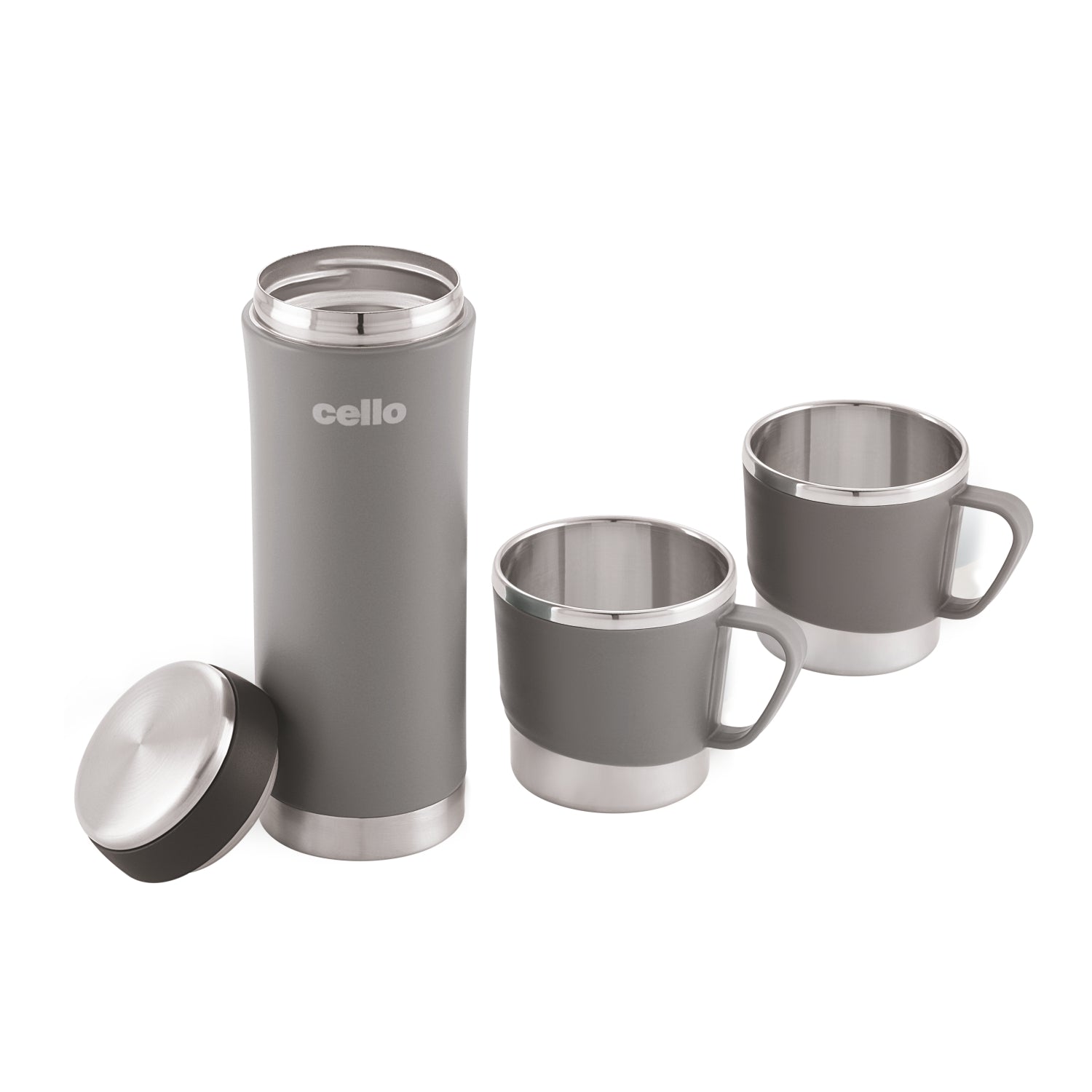 My Cup Vacusteel Flask with Mugs Gift Set, 3 Pieces Grey / 3 Pieces