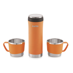 My Cup Vacusteel Flask with Mugs Gift Set, 3 Pieces Orange / 3 Pieces