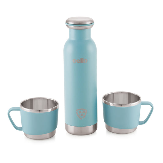 Light Blue|Cheer-Up Vacusteel Flask with Mugs Gift Set, 3 Pieces / 3 Pieces