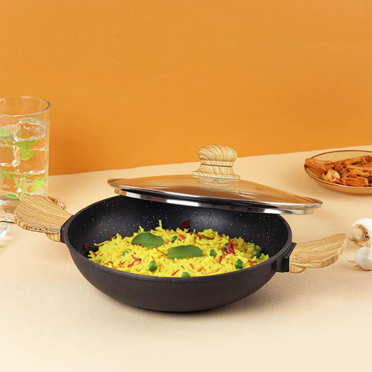 Black|Castello Die Cast Induction Base Kadai With Glass Lid / 24cm