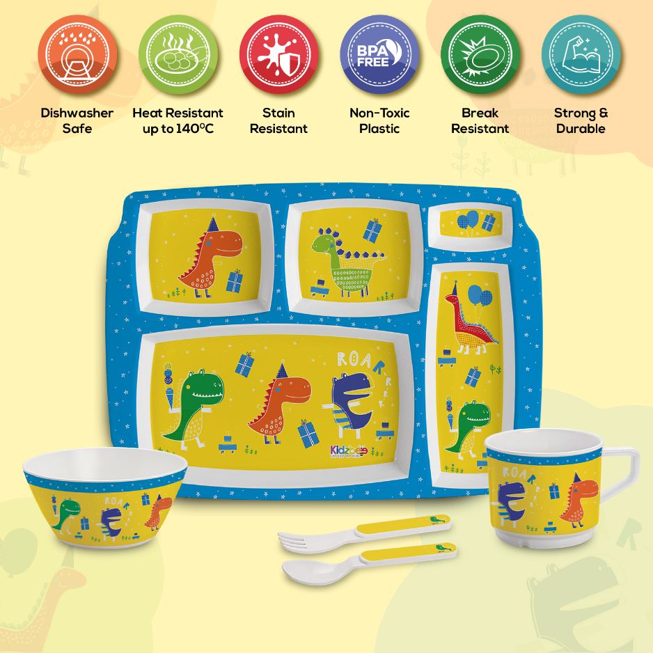 Dino Party  Kids Melamine Meal, Set of 5 Pentameal