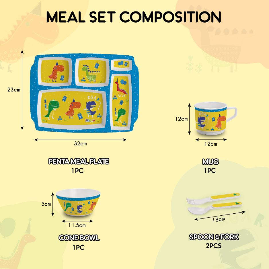 Dino Party  Kids Melamine Meal, Set of 5 Pentameal