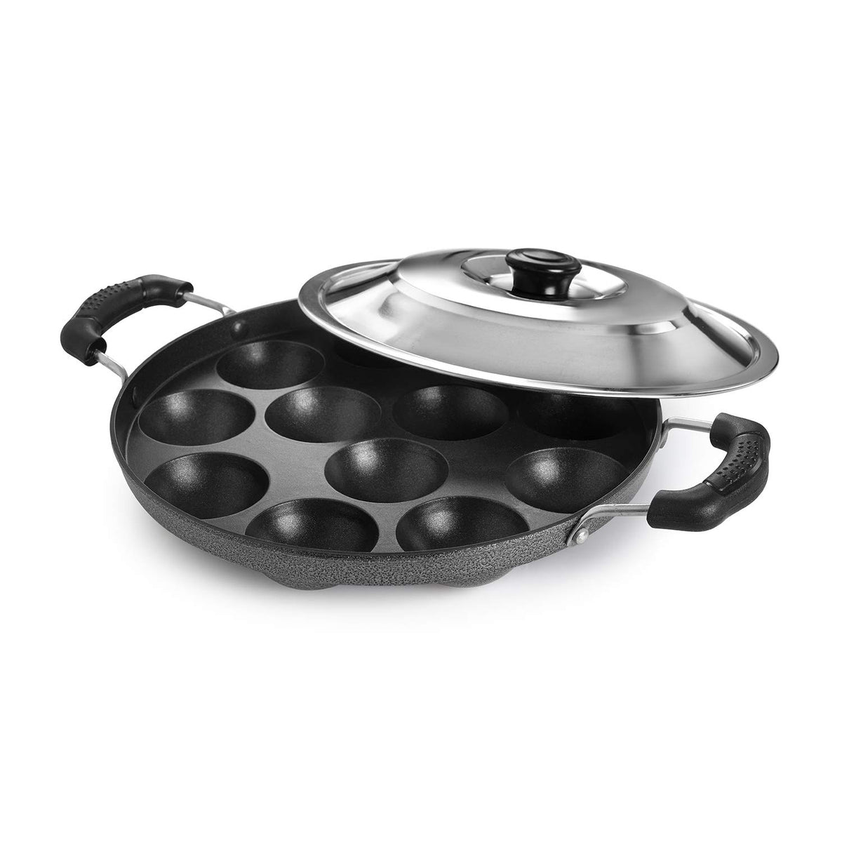 Non-Stick 12 Cavity Appam Patra 2 Side Handle with Stainless Steel Lid Black