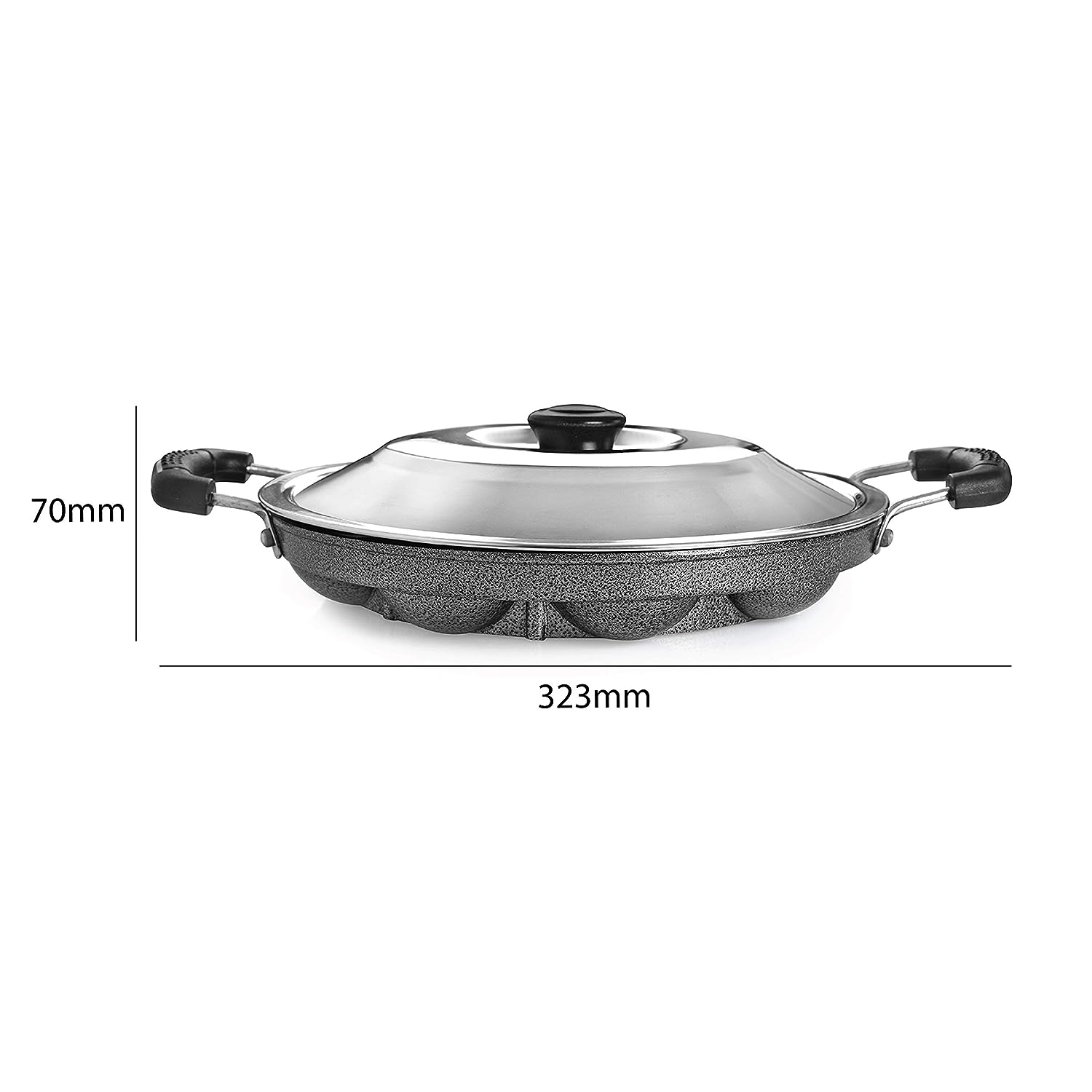 Non-Stick 12 Cavity Appam Patra 2 Side Handle with Stainless Steel Lid Black